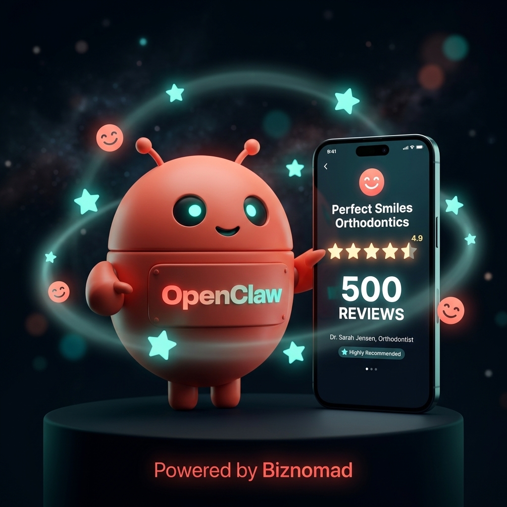 OpenClaw mascot boosting orthodontic practice ratings with 5-star reviews