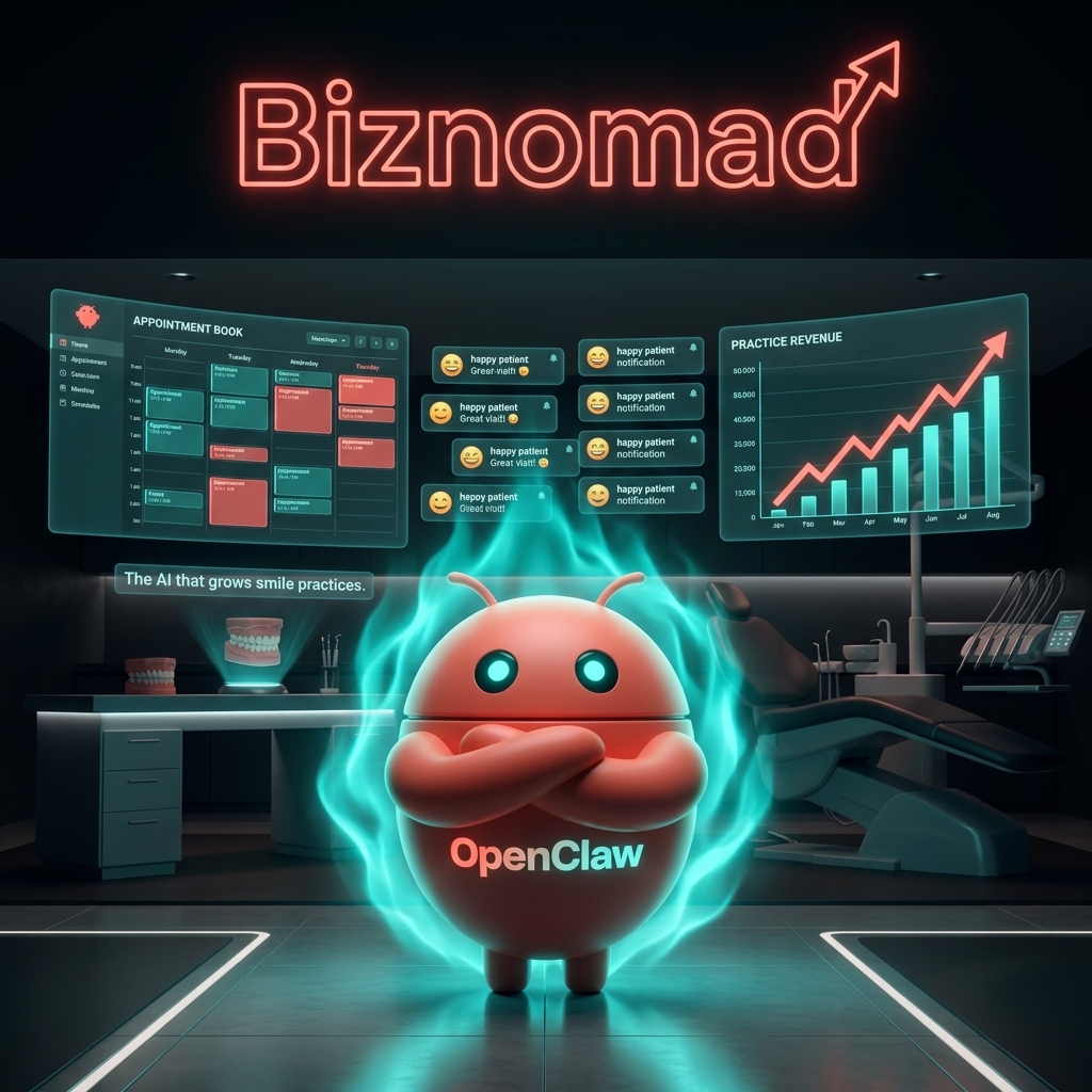 OpenClaw mascot in orthodontic command center with practice metrics trending up